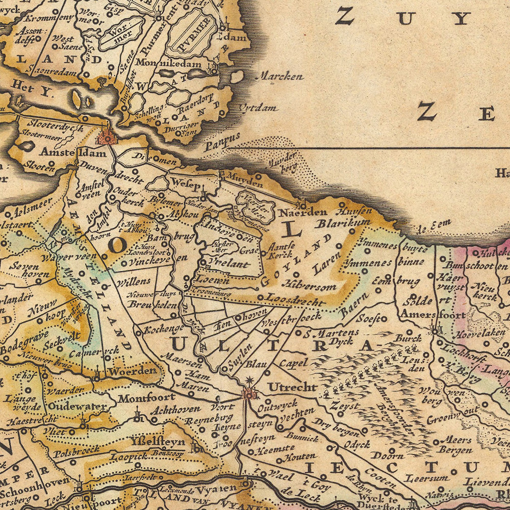 Old Map of Federated Belgium by Visscher, 1690: Amsterdam, Rotterdam, Antwerp, Düsseldorf, Ghent