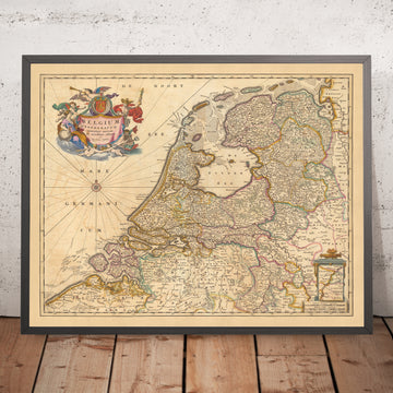 Mapa antiguo de la Bélgica federada de Visscher, 1690: Amsterdam, Rotterdam, Amberes, Düsseldorf, Gante