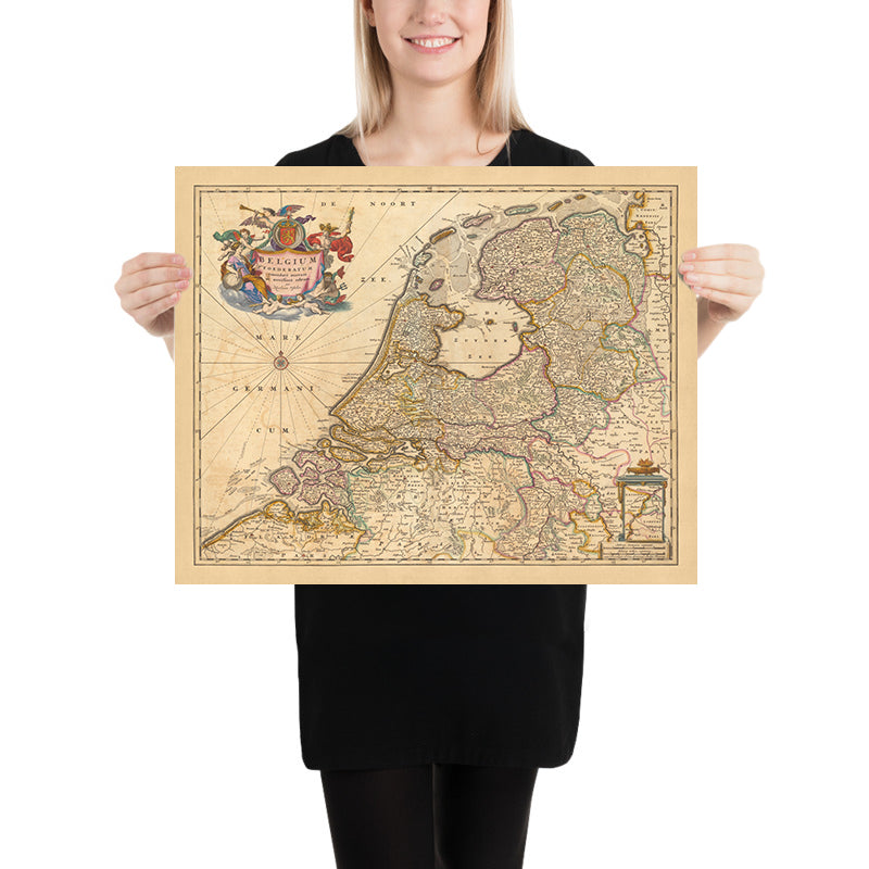 Old Map of Federated Belgium by Visscher, 1690: Amsterdam, Rotterdam, Antwerp, Düsseldorf, Ghent