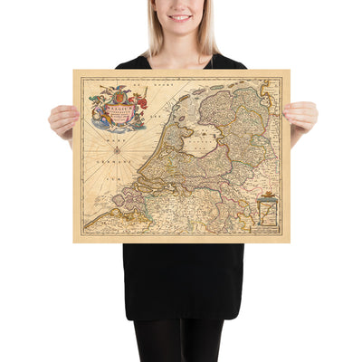 Old Map of Federated Belgium by Visscher, 1690: Amsterdam, Rotterdam, Antwerp, Düsseldorf, Ghent