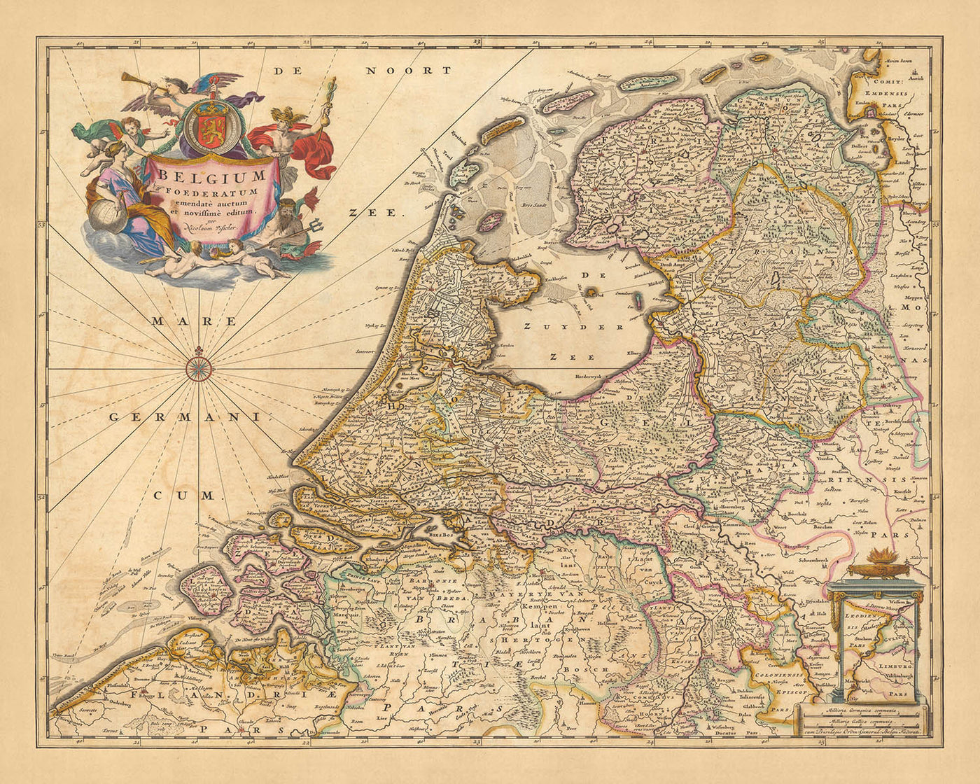 Old Map of Federated Belgium by Visscher, 1690: Amsterdam, Rotterdam, Antwerp, Düsseldorf, Ghent