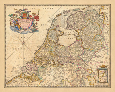 Old Map of Federated Belgium by Visscher, 1690: Amsterdam, Rotterdam, Antwerp, Düsseldorf, Ghent
