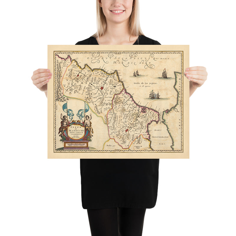 Ancienne carte des royaumes de Fès et de Marrakech, Maroc par Visscher, 1690 : Rabat, Casablanca, montagnes de l'Atlas