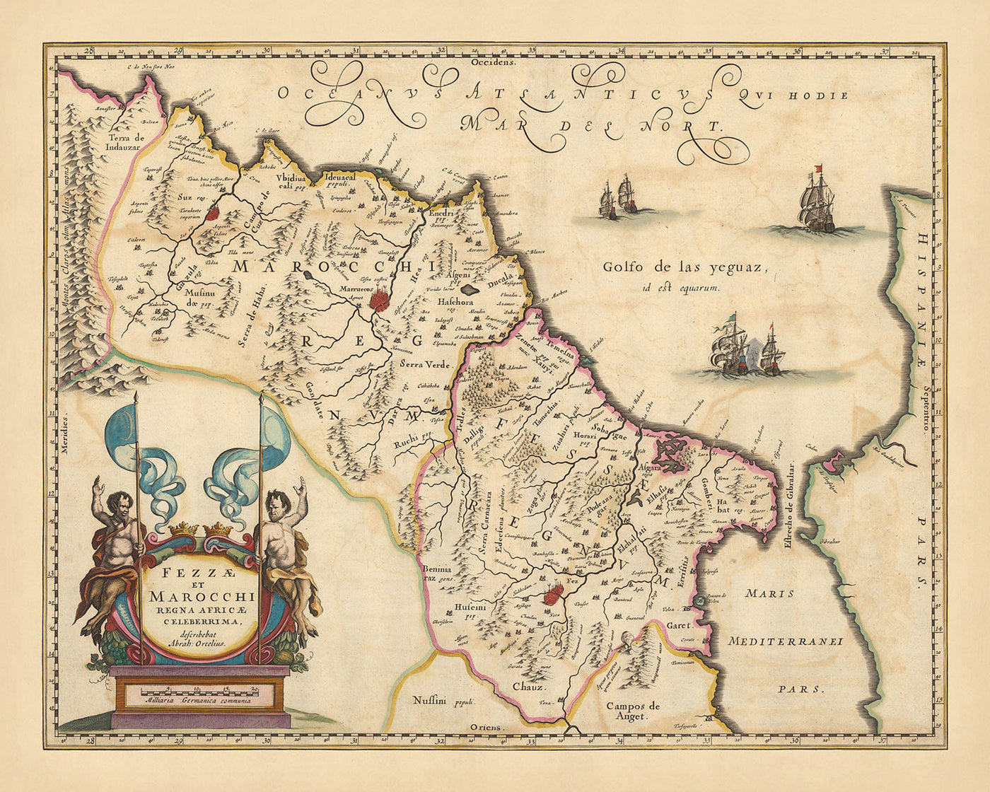 Ancienne carte des royaumes de Fès et de Marrakech, Maroc par Visscher, 1690 : Rabat, Casablanca, montagnes de l'Atlas