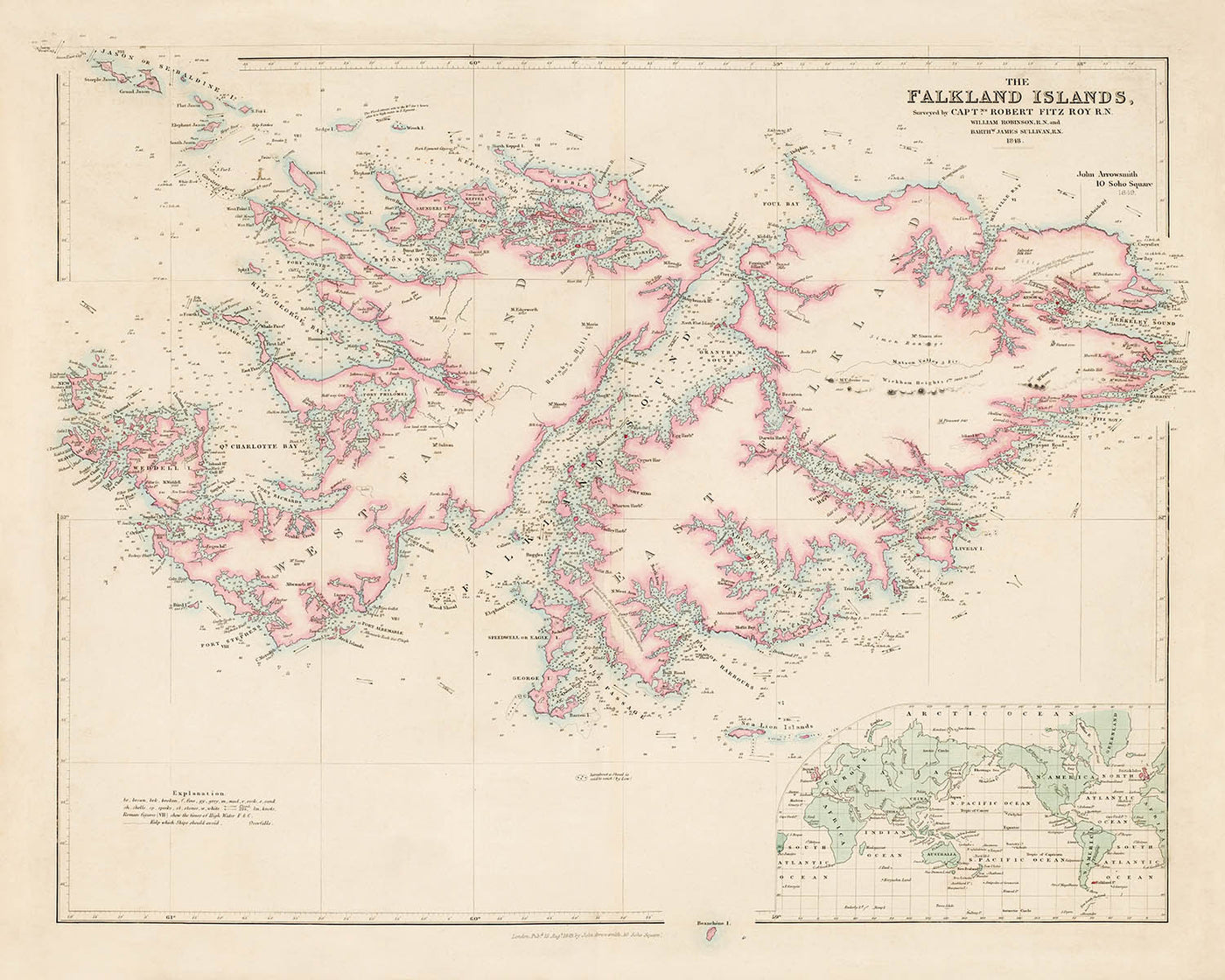 Mapa antiguo de las Islas Malvinas por Arrowsmith, 1848: Puerto Stanley, Bahía Charlotte, Puerto Ross, Inset Mundo 