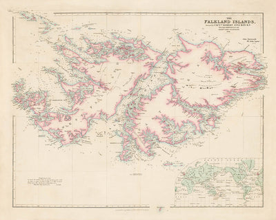 Mapa antiguo de las Islas Malvinas por Arrowsmith, 1848: Puerto Stanley, Bahía Charlotte, Puerto Ross, Inset Mundo 