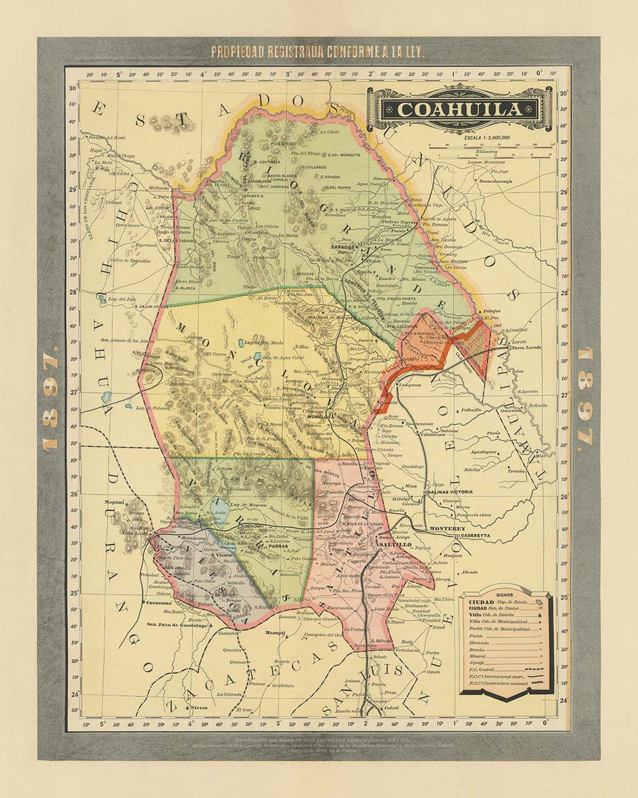 Antica mappa del Coahuila di García y Cubas, 1897: Saltillo, Torreón, Monclova, ferrovie, Rio Grande 