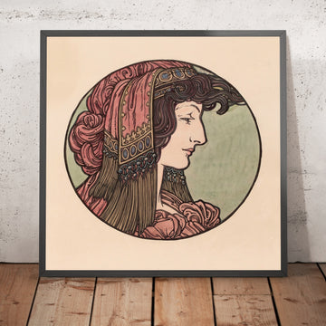 A framed image of Stained Glass Window for the Fouquet Boutique Façade by Alphonse Mucha, 1860