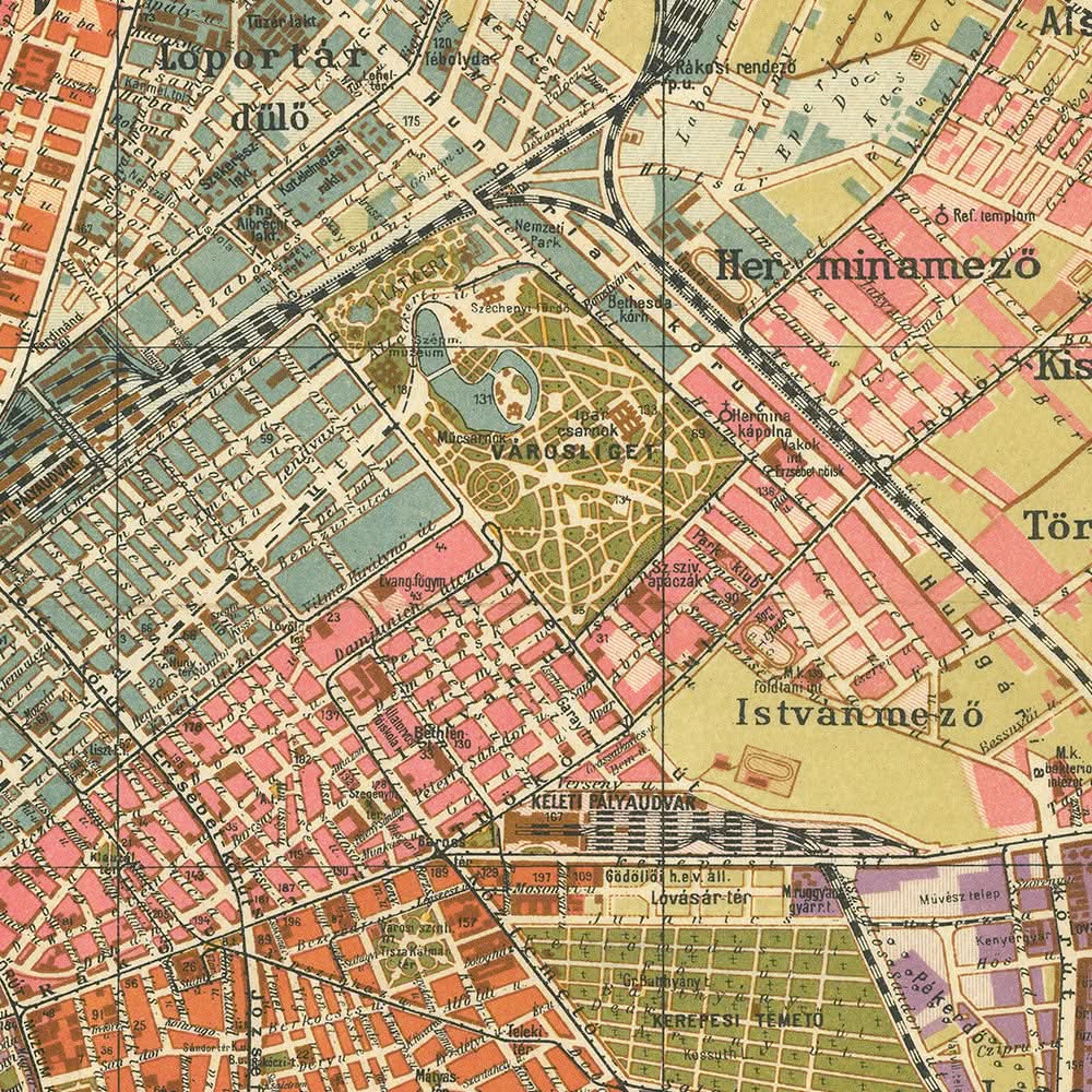 Mapa antiguo de Budapest de Kogutowicz, 1907: Andrássy út, Erzsébet körút, río Danubio, ferrocarriles, parques