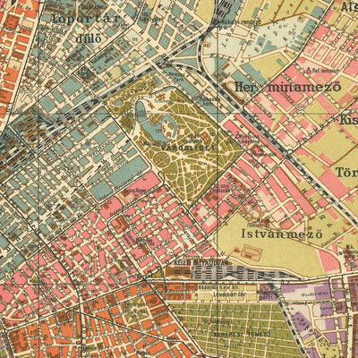 Mapa antiguo de Budapest de Kogutowicz, 1907: Andrássy út, Erzsébet körút, río Danubio, ferrocarriles, parques