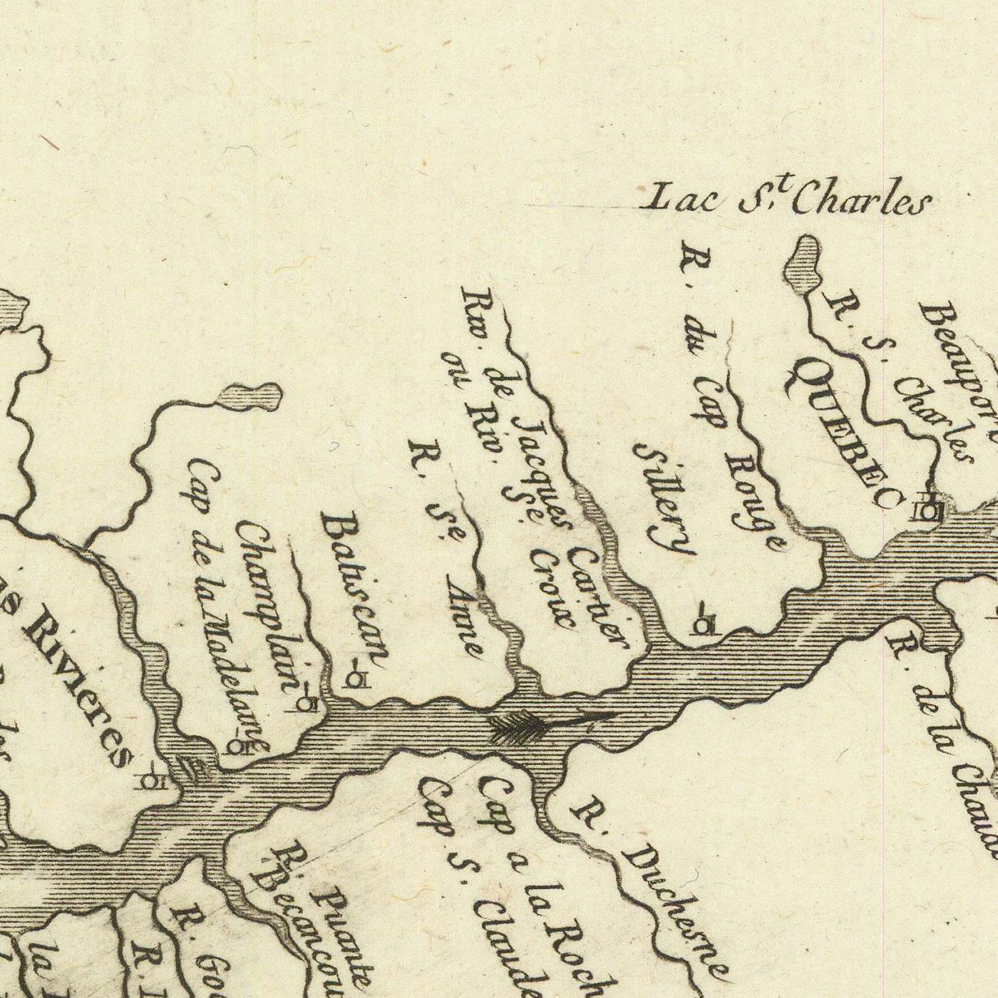 Alte Karte von Quebec und Ontario von Bellin, 1757: Sankt-Lorenz-Fluss, Lac Ontario, Lac Champlain, Fort Carillon, Fort Edward 