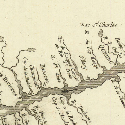 Alte Karte von Quebec und Ontario von Bellin, 1757: Sankt-Lorenz-Fluss, Lac Ontario, Lac Champlain, Fort Carillon, Fort Edward 