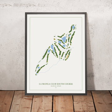 A framed image of La Manga Club South Course in the style of a simple and modern golf course map