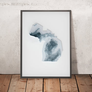 A framed image of a 3D style topographic relief map ofMichigan