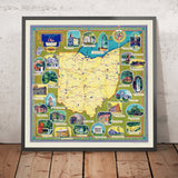 Antiguo mapa pictórico de Ohio de Brink, 1940: lago Erie, la victoria de Perry, canal Ohio y Erie, carretera nacional US 40, Cleveland 