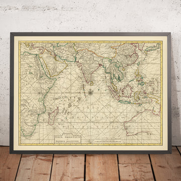 Old Map of the Indian Ocean & East Indies by François Valentijn, 1724: Dutch VOC Trade Routes, Early Australia