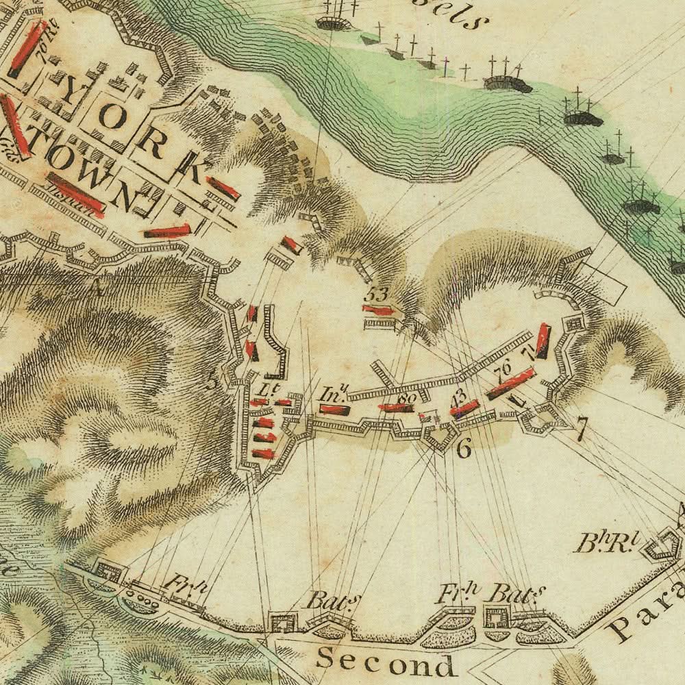 Ancienne carte militaire du siège de Yorktown par Stedman, 1793 : Virginie, Gloucester, redoutes 9 et 10, flotte française, Washington 