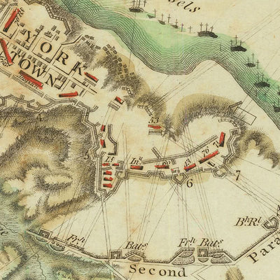 Ancienne carte militaire du siège de Yorktown par Stedman, 1793 : Virginie, Gloucester, redoutes 9 et 10, flotte française, Washington 