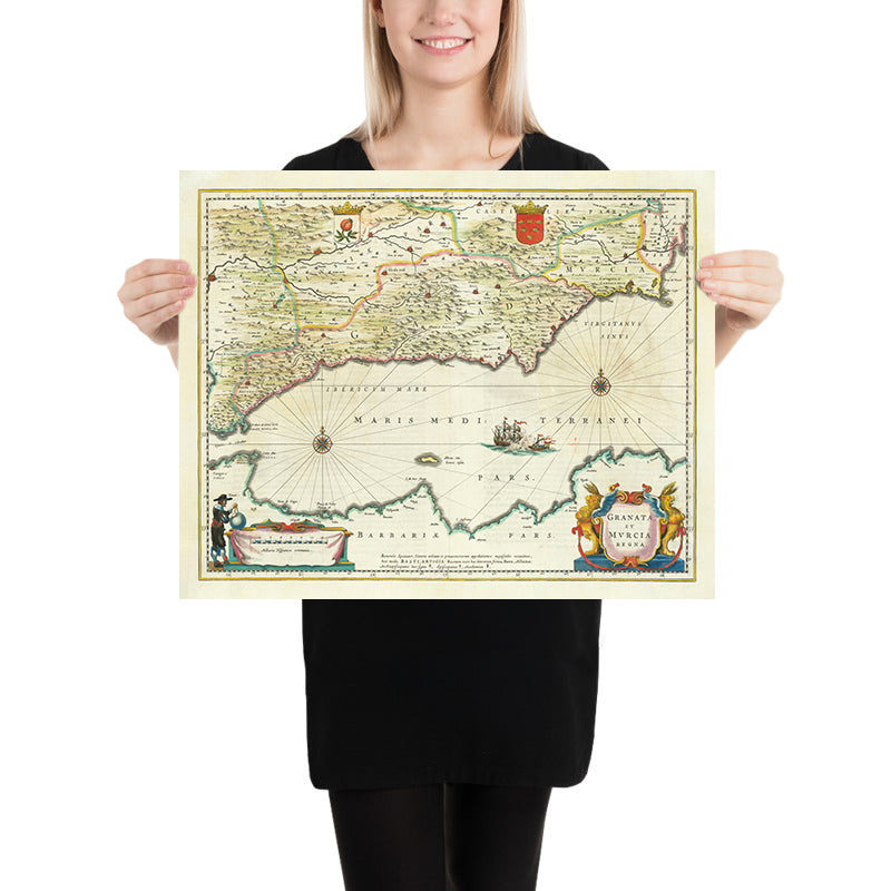Antica mappa del sud della Spagna di Blaeu, 1640: Granada, Murcia, Malaga, Battaglia navale 