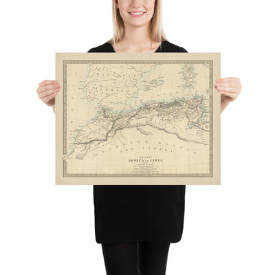 Old Map of North Africa, 1845: Atlas Mountains, Sahara, Carthage, Tangier, Algiers