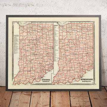 Antica carta politica dell’Indiana di Andreas, 1876: Indianapolis, Fort Wayne, Evansville, South Bend, fiumi Wabash e Ohio 