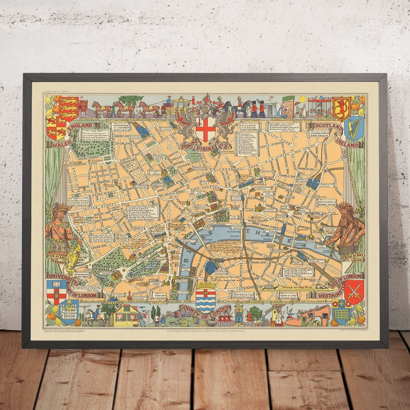 Alte historische Karte von London von Bullock, 1938: Tower of London, St. Paul's, Westminster, Hyde Park, Themse 