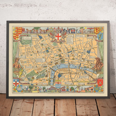 Alte historische Karte von London von Bullock, 1938: Tower of London, St. Paul's, Westminster, Hyde Park, Themse 