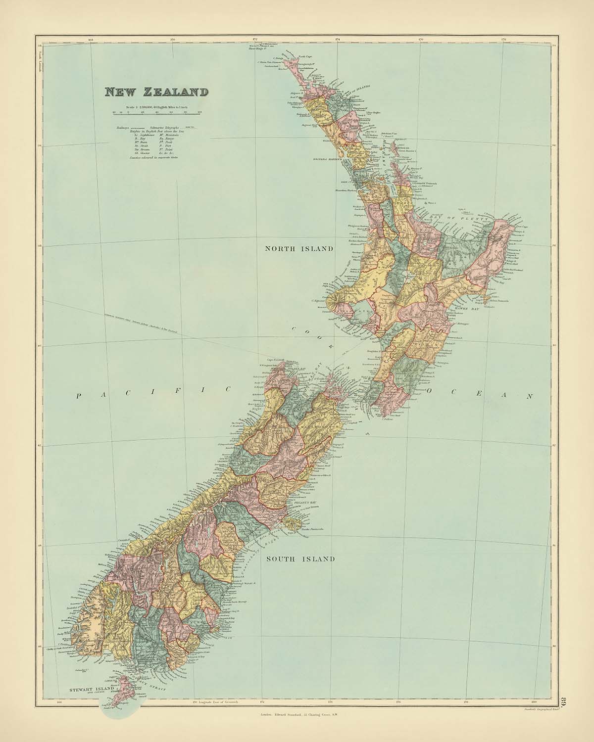 Ancienne carte de la Nouvelle-Zélande par Stanford, 1887 : Auckland, Wellington, Alpes du Sud, Île Stewart, Comtés 