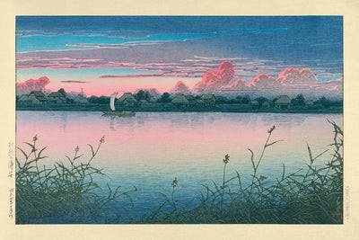 Lac au coucher du soleil et bateau à voile par Hasui Kawase, 1935 
