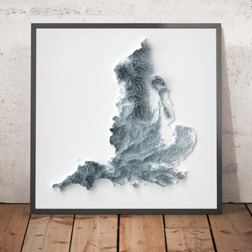 A framed image of a 3D style topographic relief map ofEngland