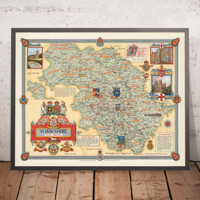 Old Pictorial Map of West Riding of Yorkshire by Clegg, 1946: Leeds, Bradford, Rivers, Churchill Quotes, Coats of Arms