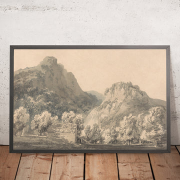 A framed image of Waterfall of Lodore, Cumberland by Turner, 1800