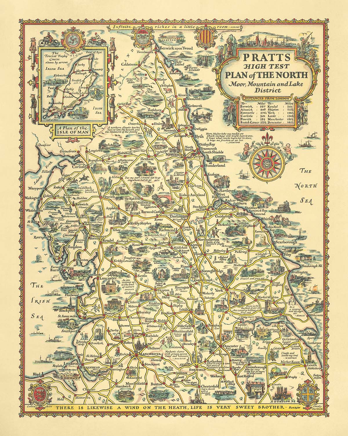 Pratt's Map of Northern England by AE Taylor, 1932