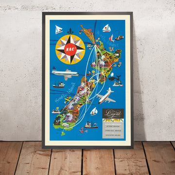 Old NAC Airline Route Map of New Zealand, 1960: Auckland, Wellington, Christchurch, Dunedin, Rotorua