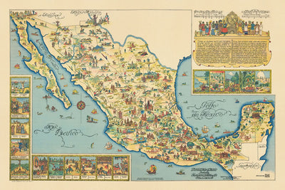 Antigua Mapa Pictórico de México por Fischgrund, 1950: Ciudad de México, Ilustraciones Culturales 
