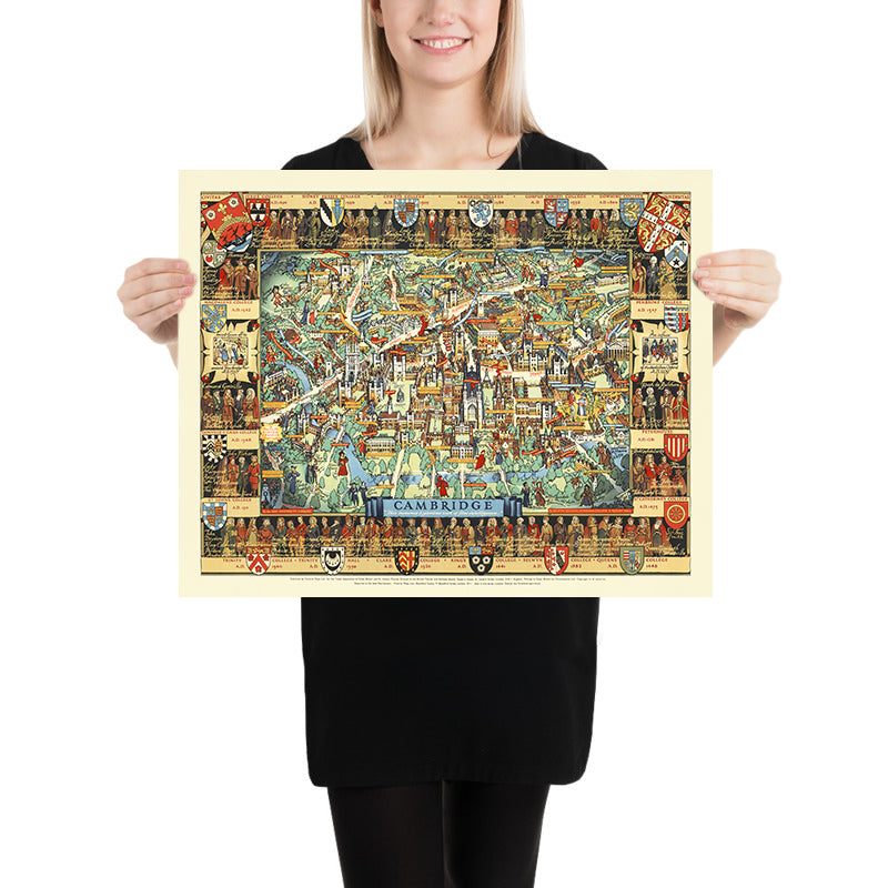 Old Pictorial Map of Cambridge by Lee, 1948: King's College, River Cam, Bridge of Sighs, Trinity College, St. John's