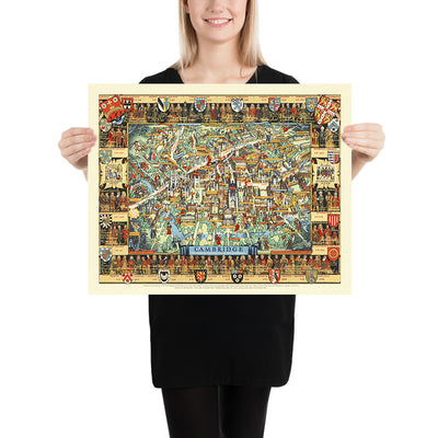 Old Pictorial Map of Cambridge by Lee, 1948: King's College, River Cam, Bridge of Sighs, Trinity College, St. John's