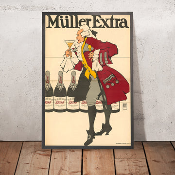 A framed image of Müller Extra Vintage Sparkling Wine Poster by Hans Rudi Erdt, 1908