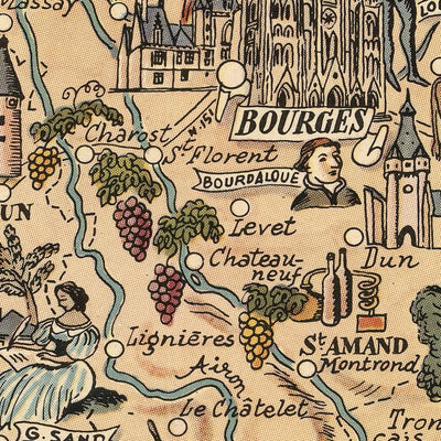 Alte Provinzen der Mitte Piktorialkarte von Liozu, 1951: Orléans, Bourges, Weinberge 
