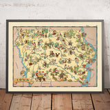 Piktografische Karte von Iowa von Ruth Taylor White, 1935: Des Moines, Cedar Rapids, Davenport, Maisanbau, Mississippi River 