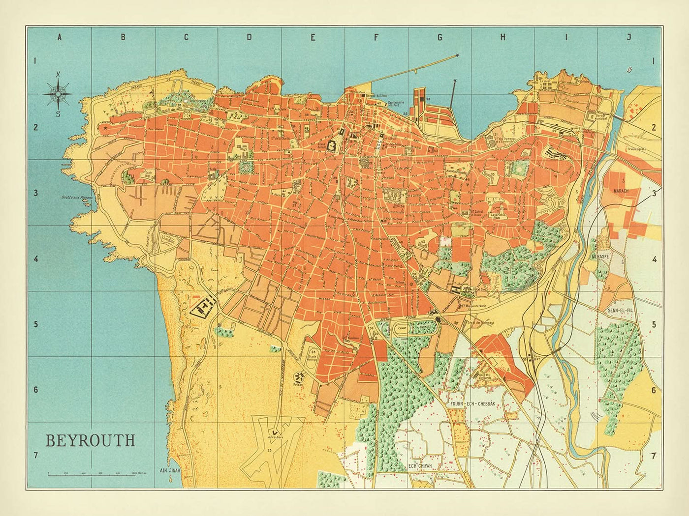 Antigua Mapa de Beirut, Líbano 1949: Hotel Normandy, Hipódromo, Bosque de Pinos, Puerto de Beirut, Líneas de Ferrocarril 