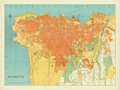 Antigua Mapa de Beirut, Líbano 1949: Hotel Normandy, Hipódromo, Bosque de Pinos, Puerto de Beirut, Líneas de Ferrocarril 