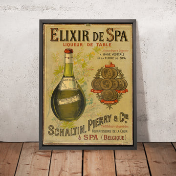 A framed image of Elixir de Spa Vintage Liqueur Poster, 1880