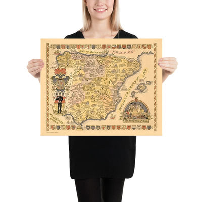 Alte bildliche Karte von Spanien, 1935: Madrid, Barcelona, Sevilla, Golf von Biscaya, historische Schiffe 