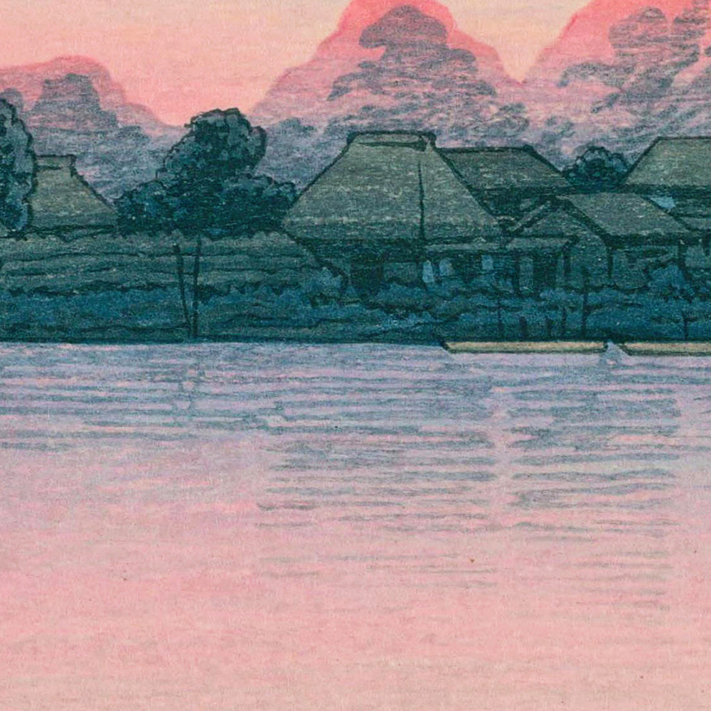Lac au coucher du soleil et bateau à voile par Hasui Kawase, 1935 