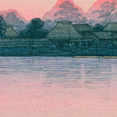 Lac au coucher du soleil et bateau à voile par Hasui Kawase, 1935 