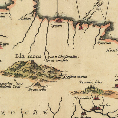 Old Map of Crete by Jansson, 1650: Cydonia, Knossos, Sea Monster, Maritime Vessels,