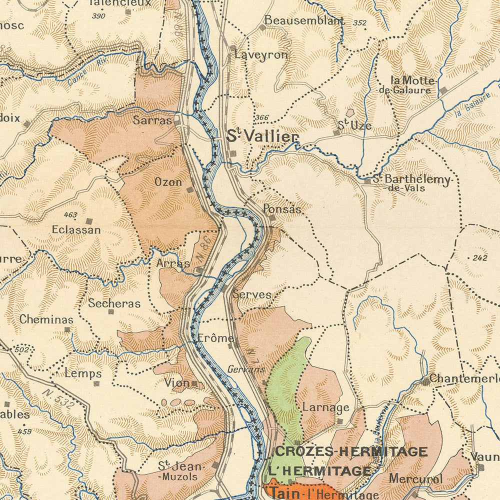 Ancienne carte des vins des Côtes du Rhône par Larmat, 1944 : cépages, villes 
