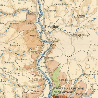 Ancienne carte des vins des Côtes du Rhône par Larmat, 1944 : cépages, villes 