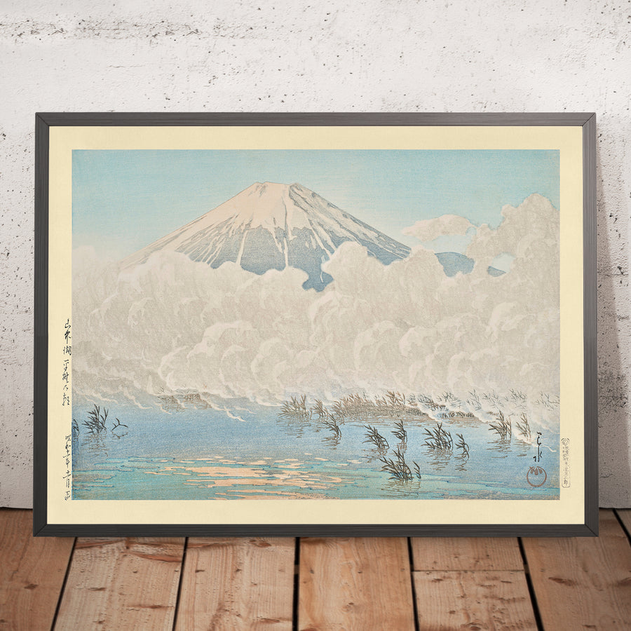A framed image of Mt Fuji Morning at Hirano Lake Yamanaka by Hasui Kawase 1935